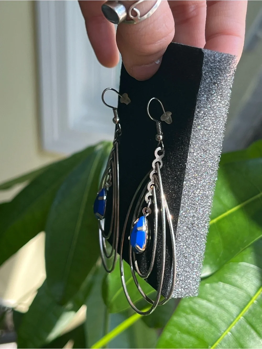 Silver Teardrop Earrings with Cobalt Blue Stone, maybe vintage